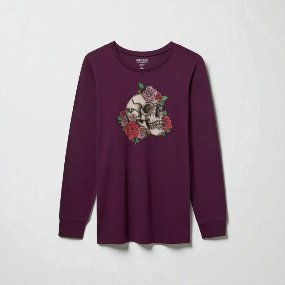 Torrid Skull Rose Classic Fit L8ng Sleeve Tee. 3x, Wine.